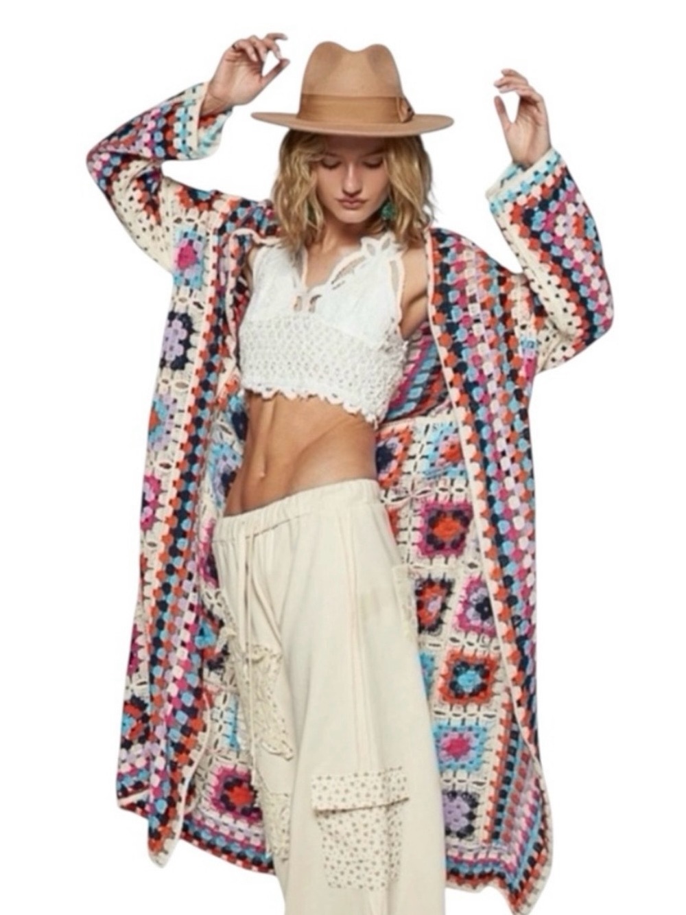 POL Multicolor Crochet Open-Front Cardigan with Cream Accents